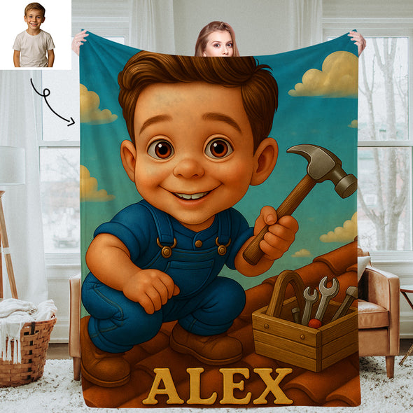 Custom Farmer Police Worker Cartoon Photo Blankets for Kids Custom Photo&Name Blankets for Boys Girls Christmas Gift