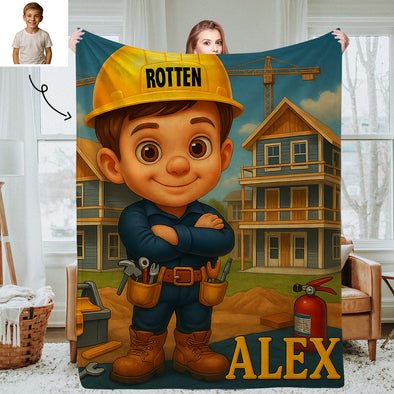 Custom Farmer Police Worker Cartoon Photo Blankets for Kids Custom Photo&Name Blankets for Boys Girls Christmas Gift