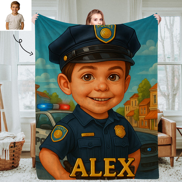 Custom Farmer Police Worker Cartoon Photo Blankets for Kids Custom Photo&Name Blankets for Boys Girls Christmas Gift