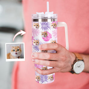Custom Dog Cat Face 40oz Stainless Steel Tumbler with Handle Custom Photo Cup 40oz Tumbler Christmas Gift