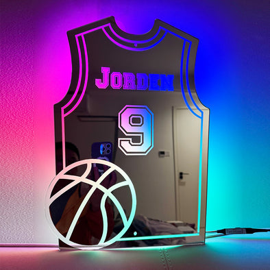 Personalized Name Mirror with Led Lights Color Changing Jersey-Shaped Basketball Mirror Christmas Gift for  Basketball Lovers