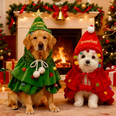 Personalized Christmas Pet Name Costume Custom Christmas Pet Cape With Hat Custom Name Cat Dog Christmas Tree Outfit