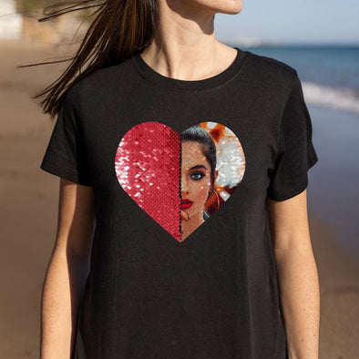 Gift for Girlfriend Gift for Boyfriend Adult Custom Heart Flip Sequin Shirt Unisex DIY Heart Sequin Tee