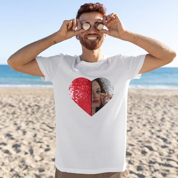 Gift for Girlfriend Custom Heart Flip Sequin T Shirt Personalized Heart Sequin Tee Shirts