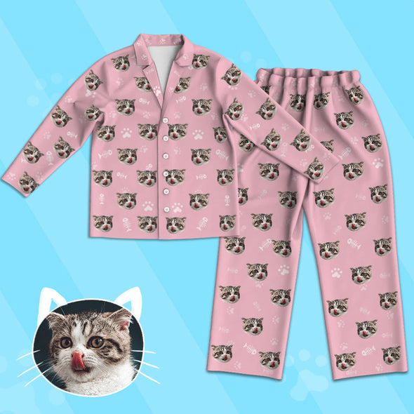 Gift for Cat Lover Kids Custom Long Pajamas Set with Cat Face Kids Custom Cat Photo Pajamas