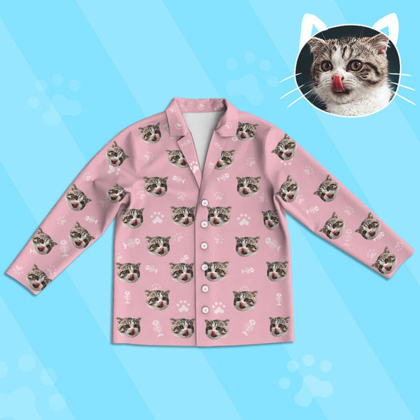 Gift for Cat Lover Kids Custom Long Pajamas Set with Cat Face Kids Custom Cat Photo Pajamas