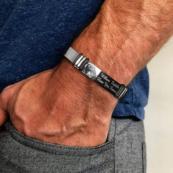 Gift for Husband Boyfriend Father Custom Bracelet with Photo Text for Men Personalized Stainless Steel Bracelet