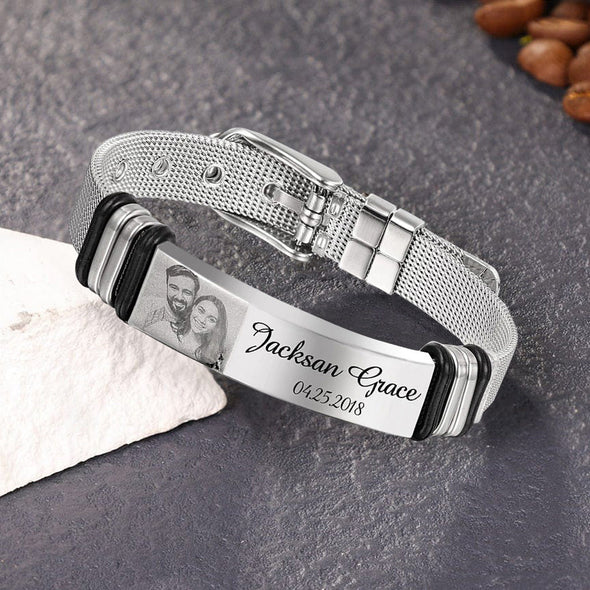 Custom Bracelet with Photo Text for Men Stainless Steel Bracelet Christmas Gift for Husband/Boyfriend