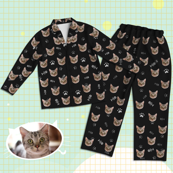 Custom Pajamas with Cat Face Personalized Cat Photo Pajamas Gift for Cat Dad Cat Mom