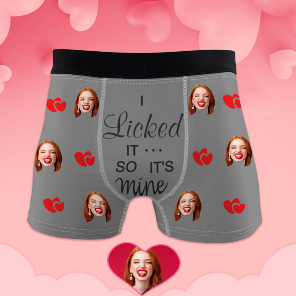 Anniversary Gift for Him Custom Photo Boxer with Face Mens Shorts I Licked it So It's Mine